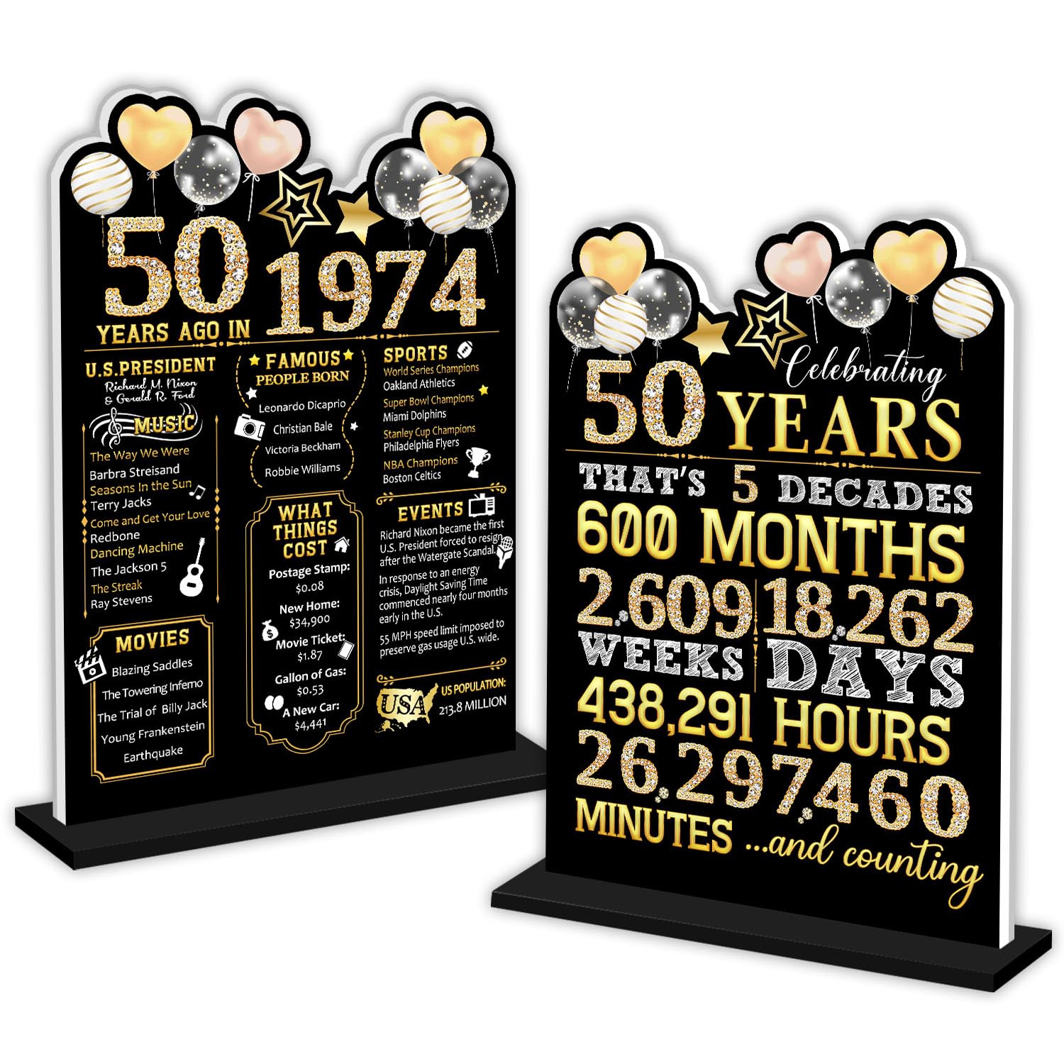 50th Birthday Decorations, 1974 Black Gold Fifty Birthday Party Decorations, Fifty Birthday Decor, Double Sided Back in 1974 Table Sign, 50th Birthday Wedding Anniversary Decorations for Man Women