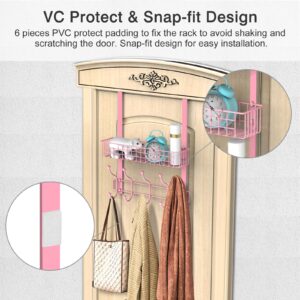 MILIJIA Over The Door Hooks with 5 Hooks & Mesh Baskets, Rustproof & Waterproof Coat Hanger, Detachable Storage Coat Rack for Towels, Hats, Handbags, Coats, Closet (Pink)