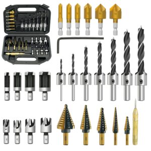 gmtools 28pcs woodworking chamfer drilling tools-countersink bit, step drill bit set, wood plug cutter drill bit set (2 styles), 5-flute countersink drill bit, positioning punch and 1pc hex wrench