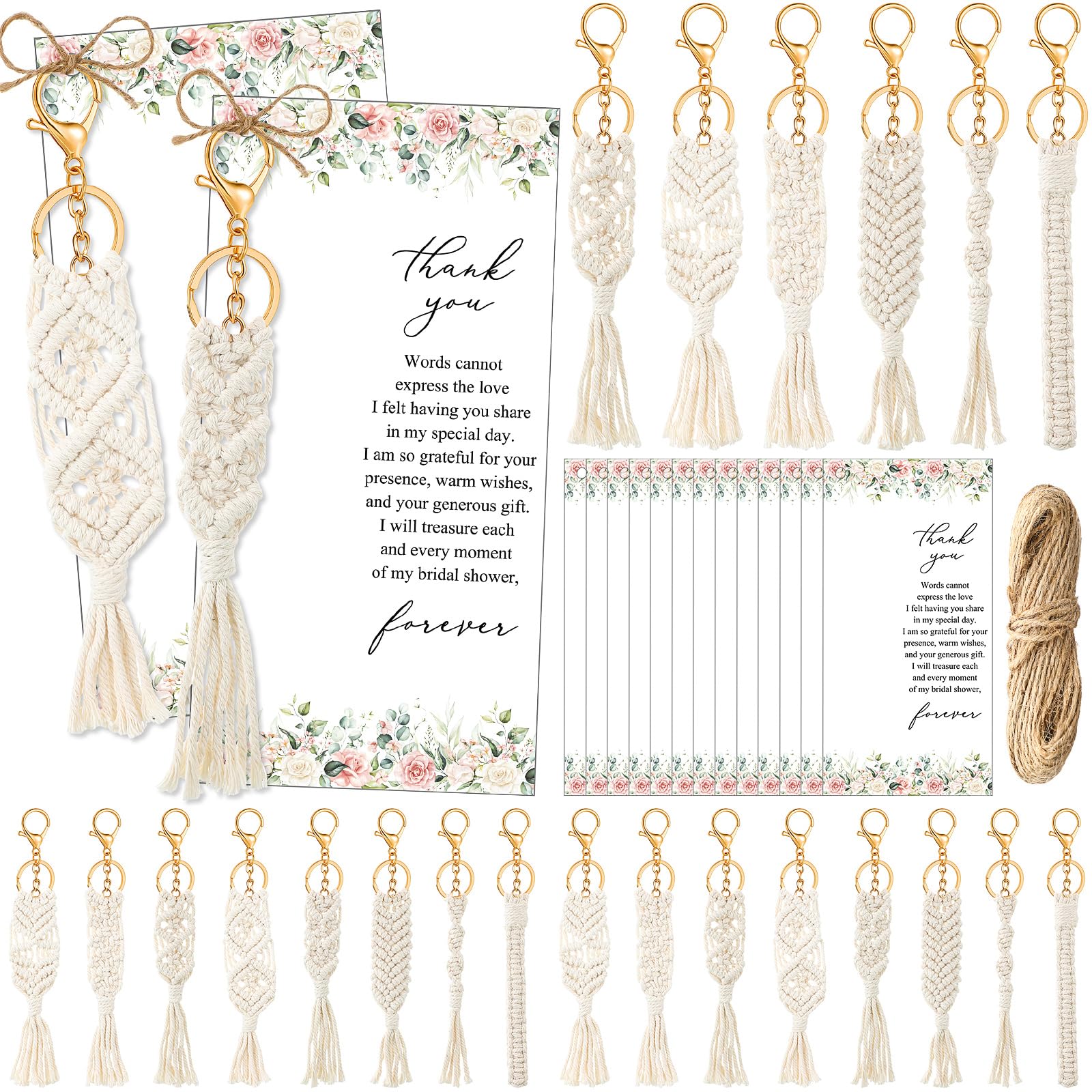 Ecation 24 Sets Bridal Shower Favors for Guests 24 Macrame Keychains Boho Keychain 24 Thank You Cards with Hemp Rope Goodie Bags Tassels Charm for Wedding Favors