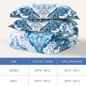 Uniclinens Damask Duvet Cover Queen - Blue Painting Duvet Cover Set, 100% Cotton Queen Size Set with Zipper Closure and 8 Ties, 1 Duvet Cover (90”x 90”) & 2 Pillow Shams (20“x 26”), No Comforter