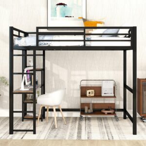 Bellemave Full Size Loft Bed with Desk,Metal Loft Bed with Storage Shelves,Heavy Duty Metal Loft Bed for Kids Teens Adults,Black