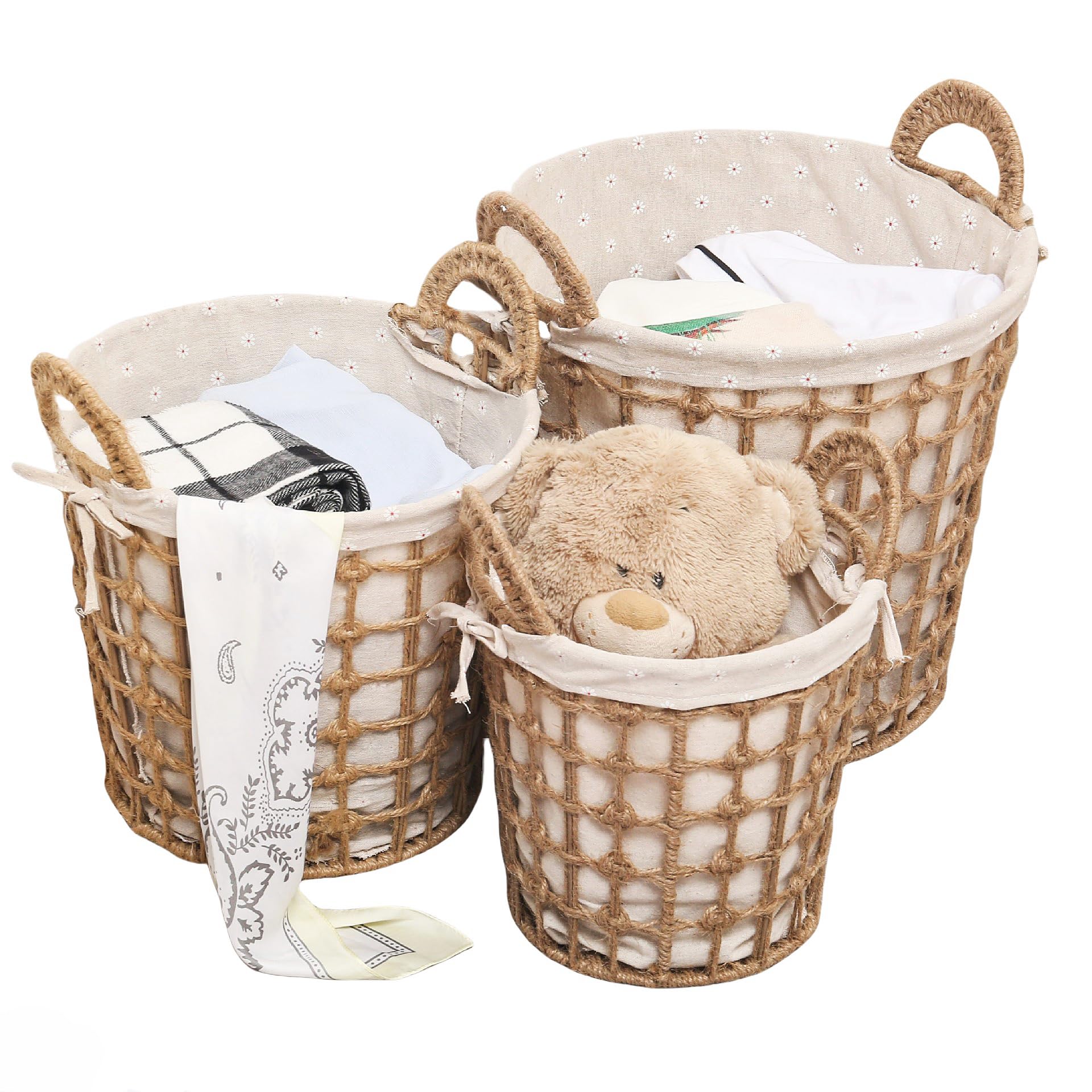 GIB Set of 3 Round Woven Wicker Storage Baskets with Handles & Liners, Natural Jute Decorative Laundry Hampers Baskets Storage Organizer for Blankets, Toys, Bathroom, Living Room, Closet & Shelves