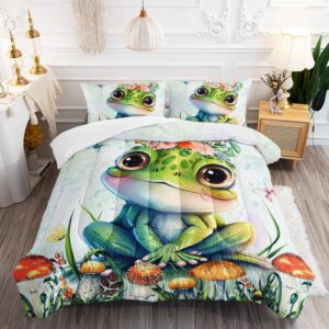 ailonen cute frog comforter set twin size, cartoon mushroom bedding set for boys girls,watercolor amphibian animal theme girls kawaii bed in a bag 3 pieces, 1 quilt and 2 pillowcases