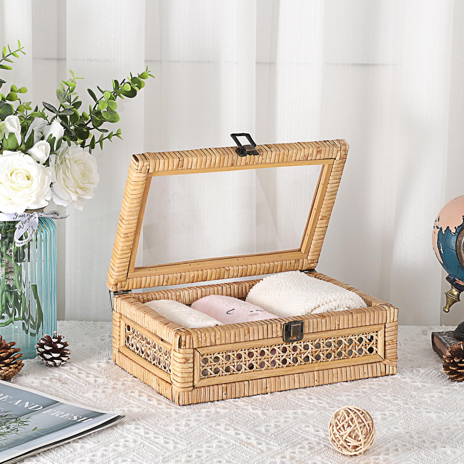 Hipiwe Rattan Display Box with Clear Lid Rectangular Wicker Storage Basket Bin with Metal Secure Latch Handwoven Natural Rattan Decorative Box Small Shelf Organizer Basket for Snacks Remotes