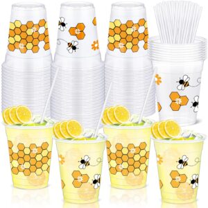 sliner 50 pcs bee party plastic cups with straws 12 oz clear honey bee cups disposable bee drinking cups bee theme party favors for home kitchen bee birthday baby shower party supplies decor