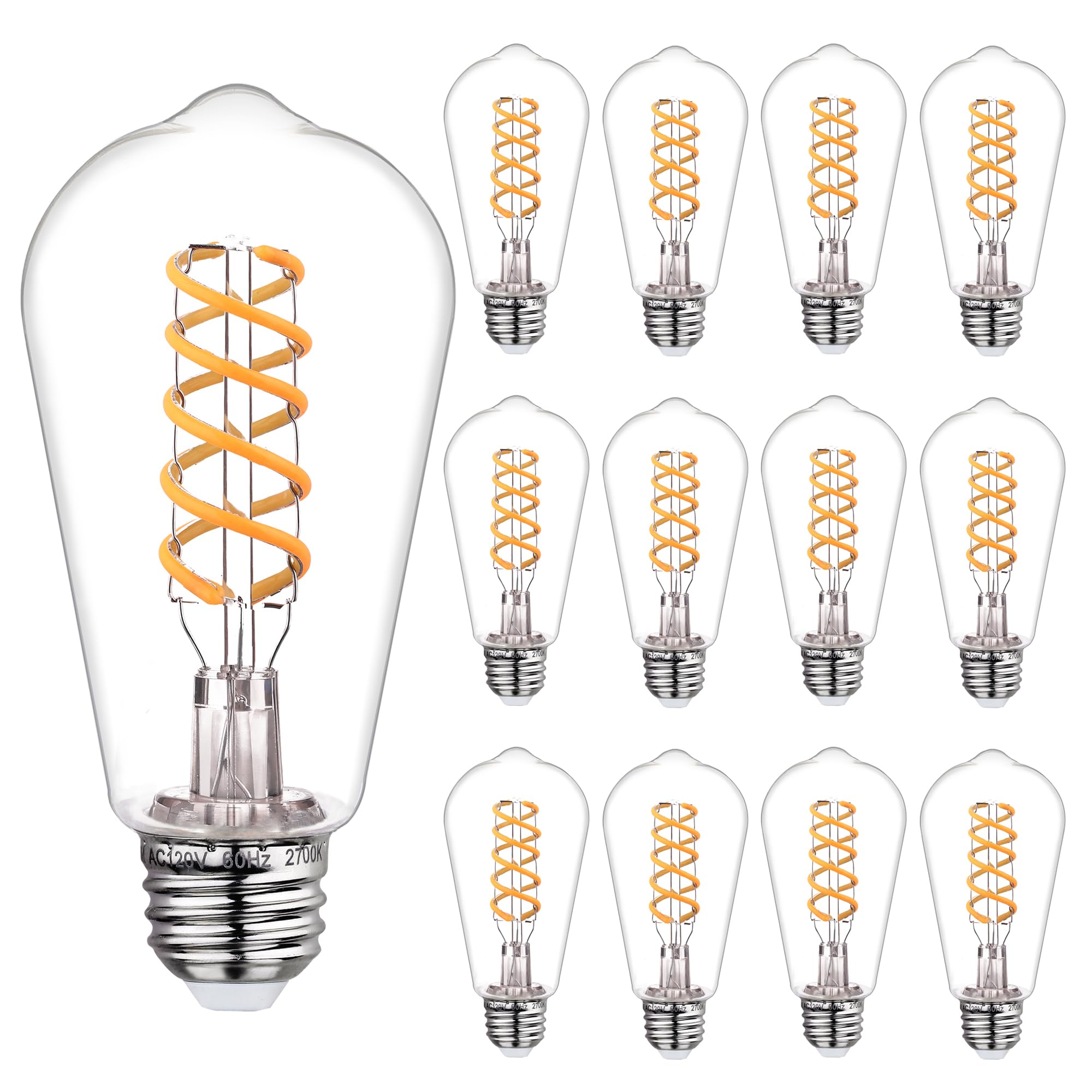 Austin Coast 12 PCS Dimmable Vintage LED Edison Bulbs, 6W Equivalent 60 Watt, Warm White 2700K, Antique Flexible Spiral LED Filament Light Bulb, ST58 (ST19), 600 Lumens, E26 Base, Clear Plastic