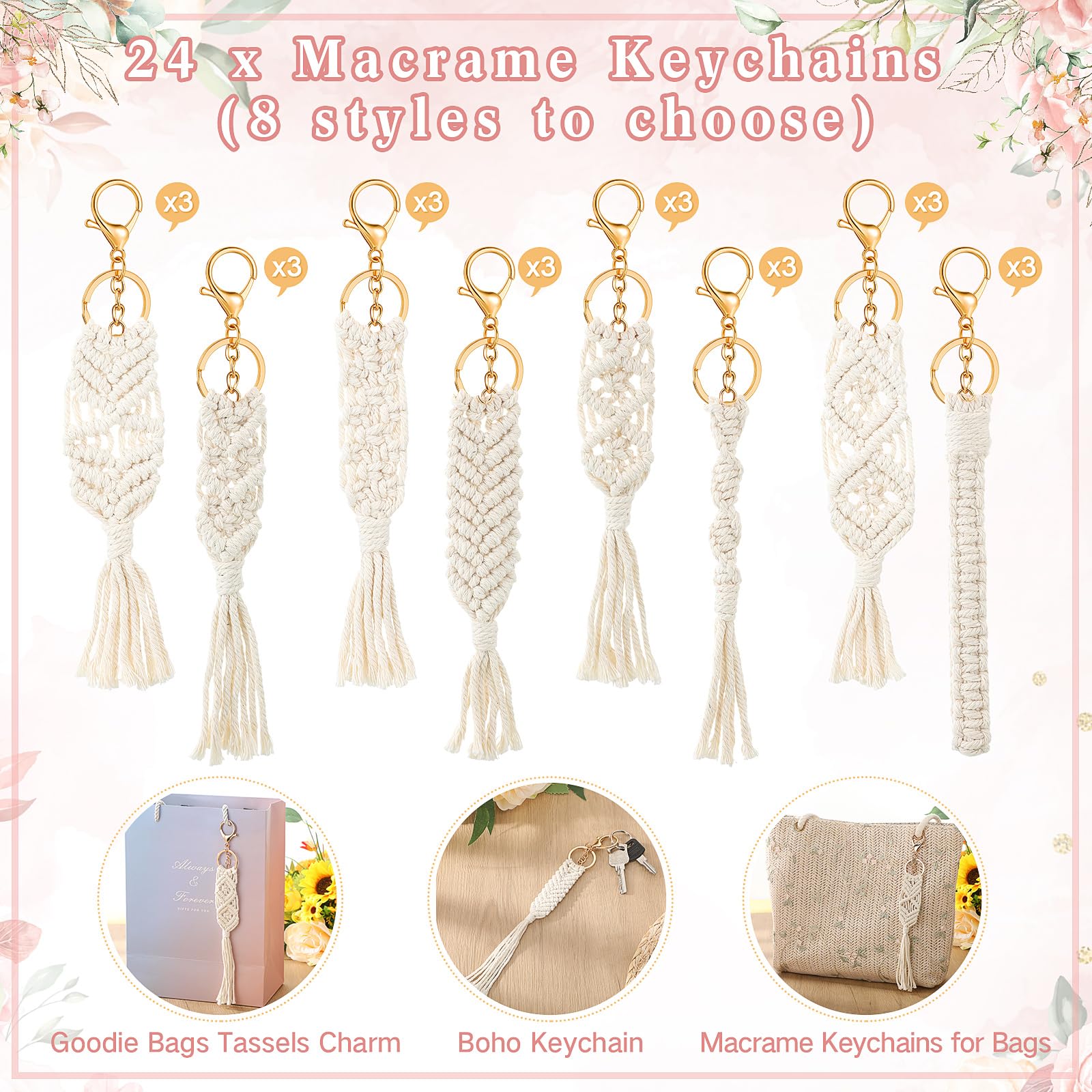 Ecation 24 Sets Bridal Shower Favors for Guests 24 Macrame Keychains Boho Keychain 24 Thank You Cards with Hemp Rope Goodie Bags Tassels Charm for Wedding Favors