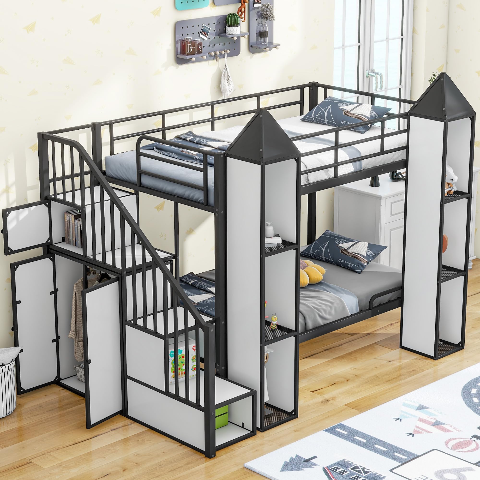 YOPTO Twin Castle-Shaped Wardrobe and Multiple, Metal Bunk Bed with Storage Staircase and Safety Guardrail for Kids Boys Girls Bedroom, 63" H x 92.9" L x 53.2" W, White+Black