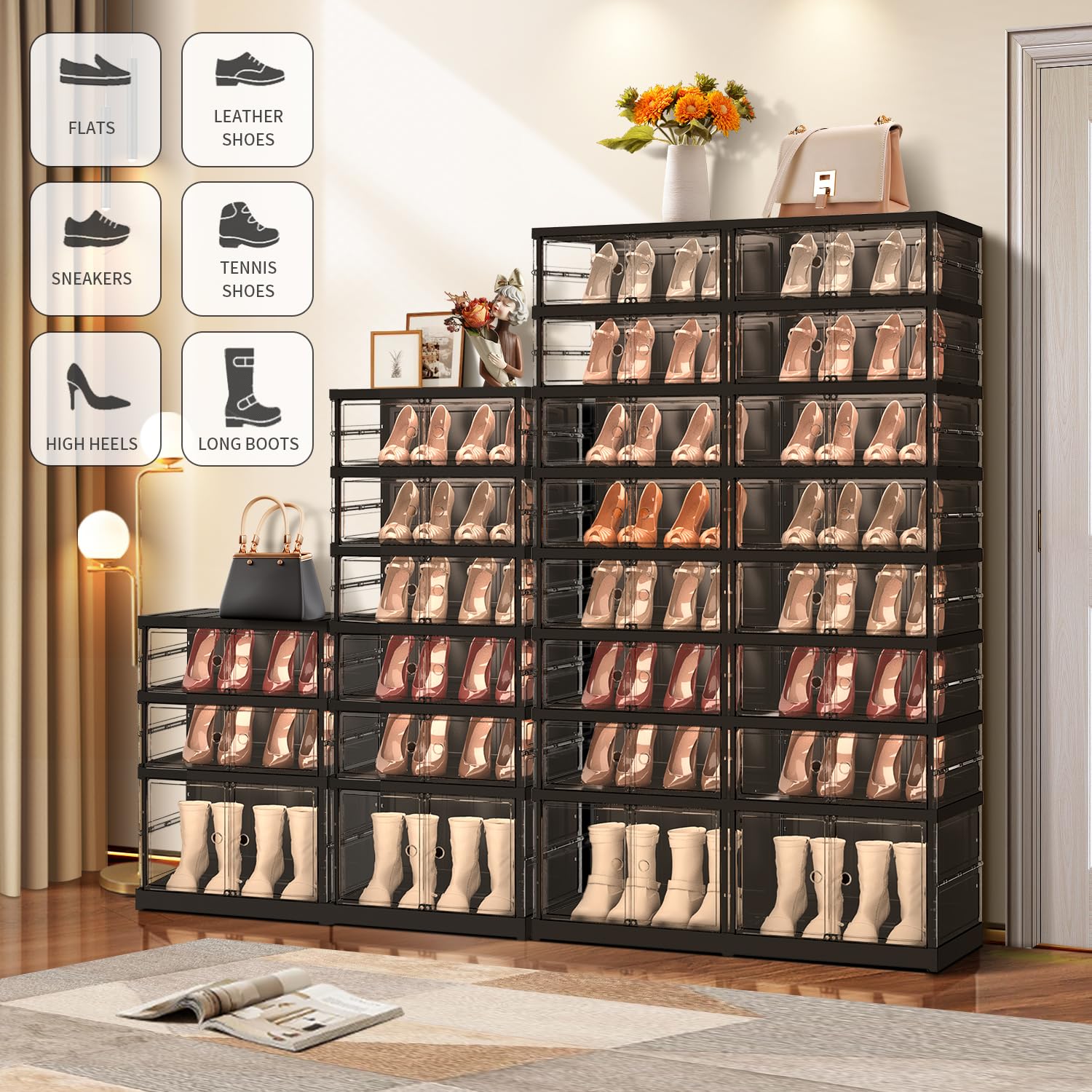 EHAMILY 6 Tiers 6-12 Pairs Foldable Shoe Boxes Large Plastic Shoe Storage Rack Collapsible Shoe Organizer for Closet Clear Stackable Shoes Shelf Storage Cabinet with Doors Quick Assembly Black