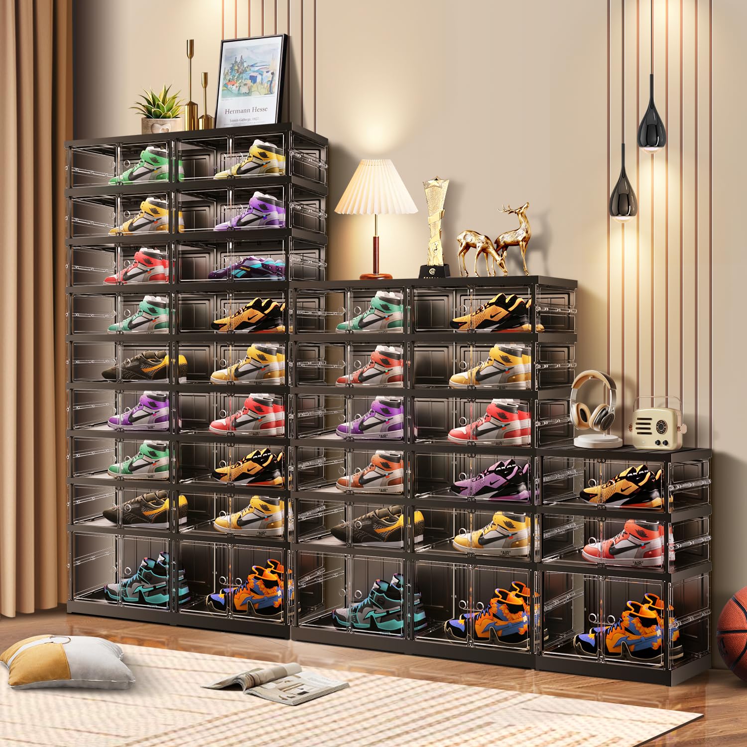 CIMLORD 9-Tier Foldable Shoe Rack for Closet Entryway 18-36Pairs,Stackable Clear Shoe Storage Boxes Organizer with Door Plastic Shoe Cabinet Bins with Lids Shoes Shelf Easy Assembly Large Black