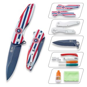 jin pocket knife for men, folding knife edc, captain pocket knife with clip, sharp knives with blue 3.5" d2 blade, diy knife kit, christmas gift for men