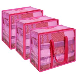 vieshful pink 40l clear clothes storage bag with zipper 3 pack colorful clothes organizer vinyl storage bag for comforter, blanket, bedding, duvet, transparent moving totes