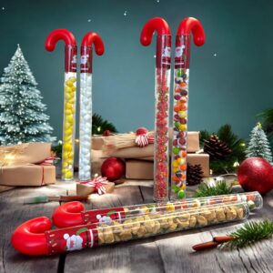 G-Box 8 Empty Christmas Candy Cane Tubes with Red Topper & Santa Stickers | 12" - Clear BPA-Free Plastic, Perfect for Small Candies, a Great Alternative to Christmas Gift Boxes (8, Santa Claus)