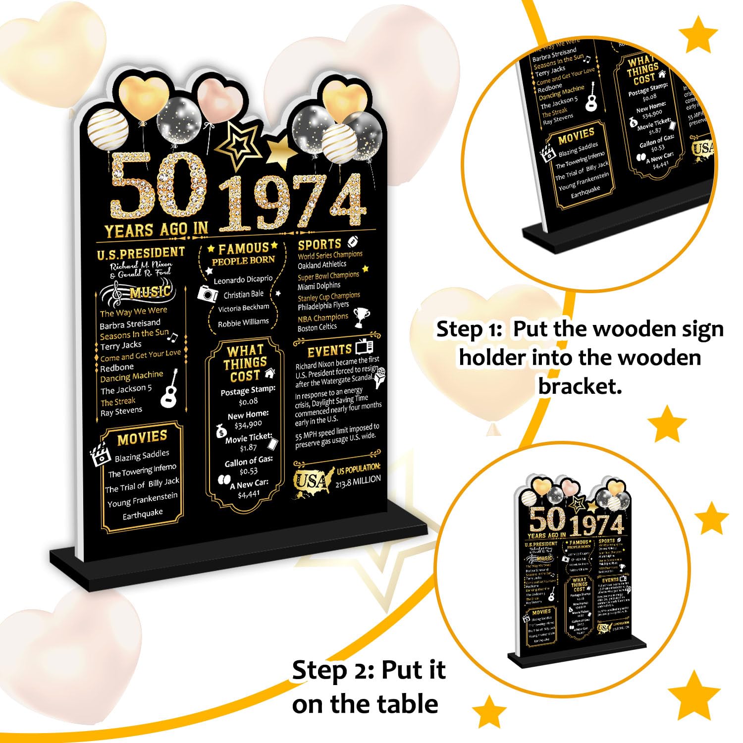 50th Birthday Decorations, 1974 Black Gold Fifty Birthday Party Decorations, Fifty Birthday Decor, Double Sided Back in 1974 Table Sign, 50th Birthday Wedding Anniversary Decorations for Man Women