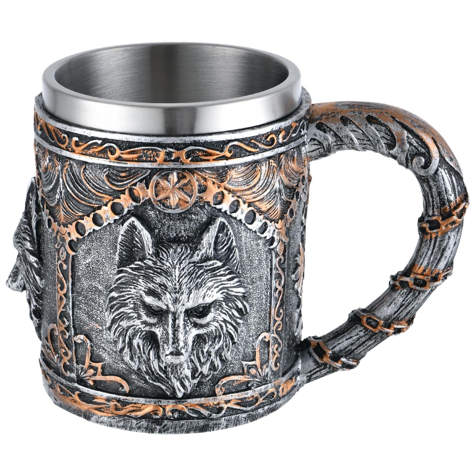 Nordic Viking Rune Mug - Beer Tankard Cup for Men - Stainless Steel Wooden Viking Coffee Cool Mug - Viking Gift and Norse Decor - Medieval Design - Ideal Beer Stein