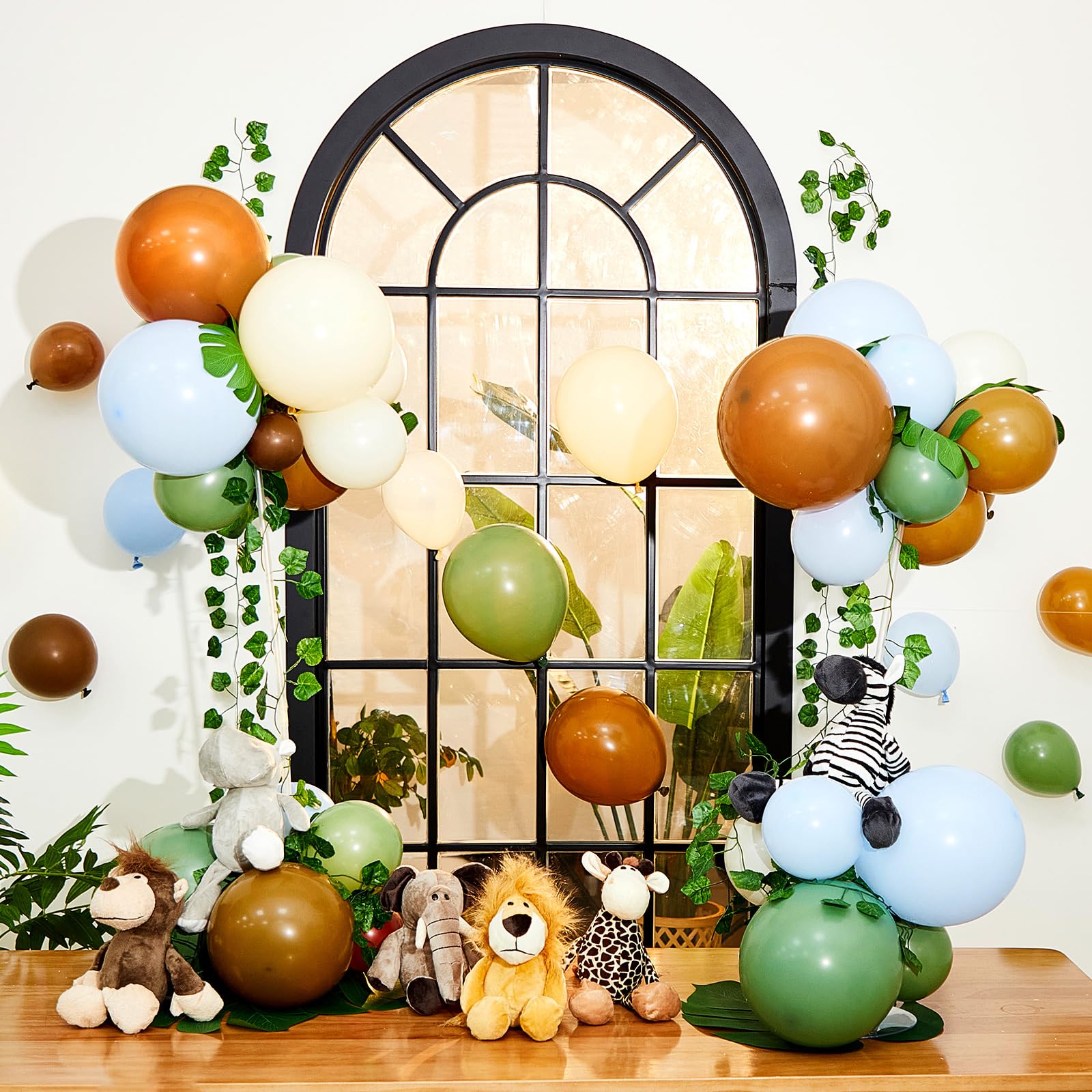 RoundFunny 6 Sets of Safari Animals Baby Shower Centerpieces Balloons Decorations Kits with Plush Jungle Animals Doll Artificial Turtle Leafs for Birthday Party Table Top Decorations