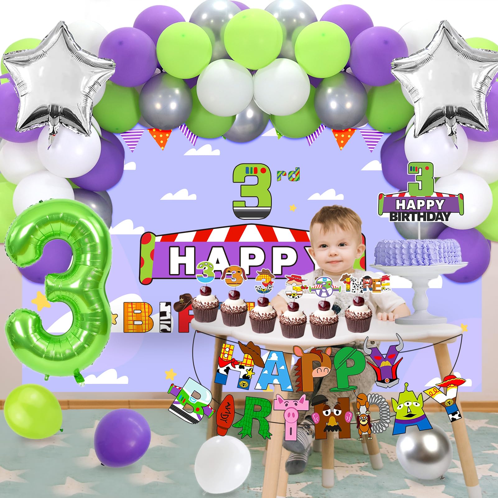 Crenics 3rd Birthday Decorations for Girls or Boys - 3rd Birthday Backdrop, Banner, Balloon Arch Kit, Number 3 Balloon with Cake Toppers for Toy Inspired Story Theme 3 Birthday Party Supplies