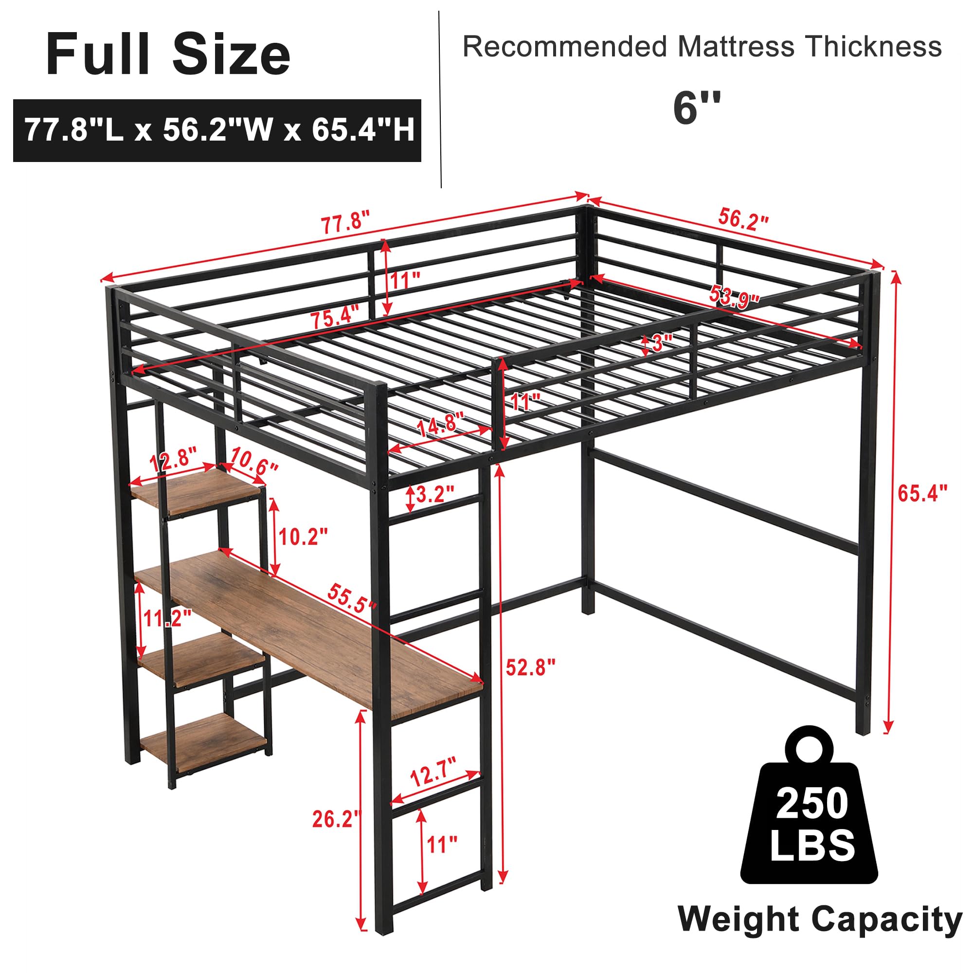 Bellemave Full Size Loft Bed with Desk,Metal Loft Bed with Storage Shelves,Heavy Duty Metal Loft Bed for Kids Teens Adults,Black