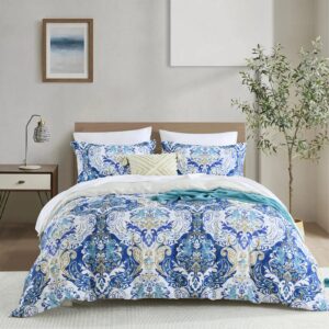 uniclinens damask duvet cover queen - blue painting duvet cover set, 100% cotton queen size set with zipper closure and 8 ties, 1 duvet cover (90”x 90”) & 2 pillow shams (20“x 26”), no comforter