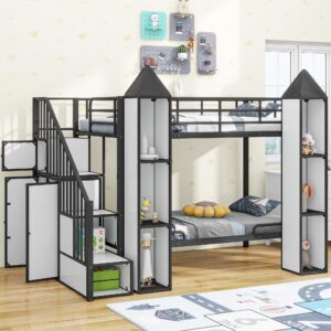 yopto twin castle-shaped wardrobe and multiple, metal bunk bed with storage staircase and safety guardrail for kids boys girls bedroom, 63" h x 92.9" l x 53.2" w, white+black