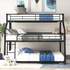 YOPTO Twin XL/Full XL/Queen Triple Bunk Bed with Long and Short Ladder and Full-Length Guardrails,Metal Bed-Frame for Bedroom/Living Room/Apartment,Guest-Room,Black