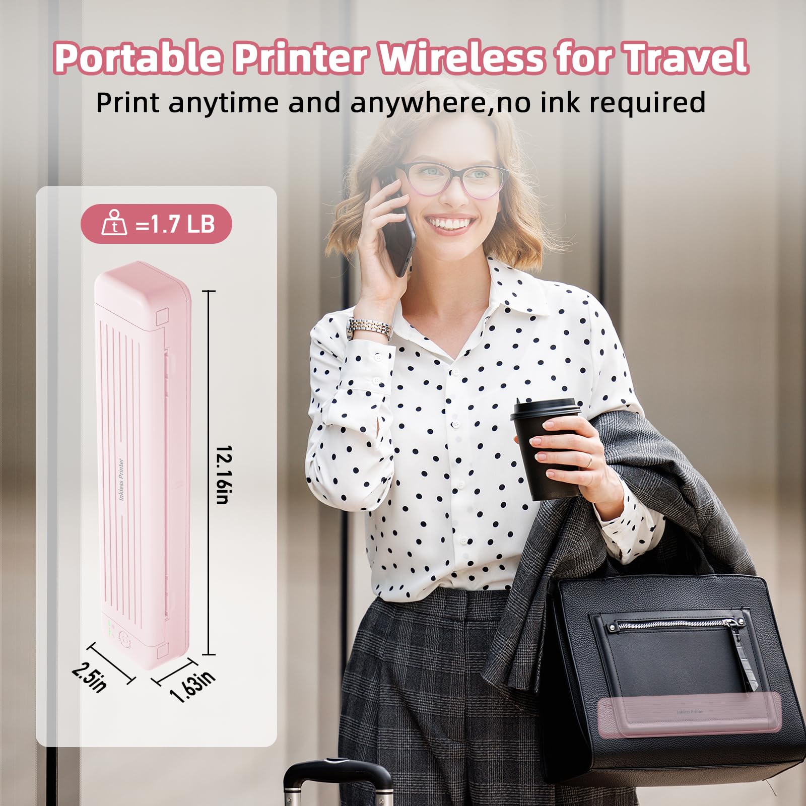 Portable Printer for iPhone iPad Laptop PC - Bluetooth Printer Supports Dual-Sided Printing Letter/A4/B5/A5 Regular Paper, Wireless Printer for Home Travel Office Vehicle Word PDF Excel TxT 300DPI