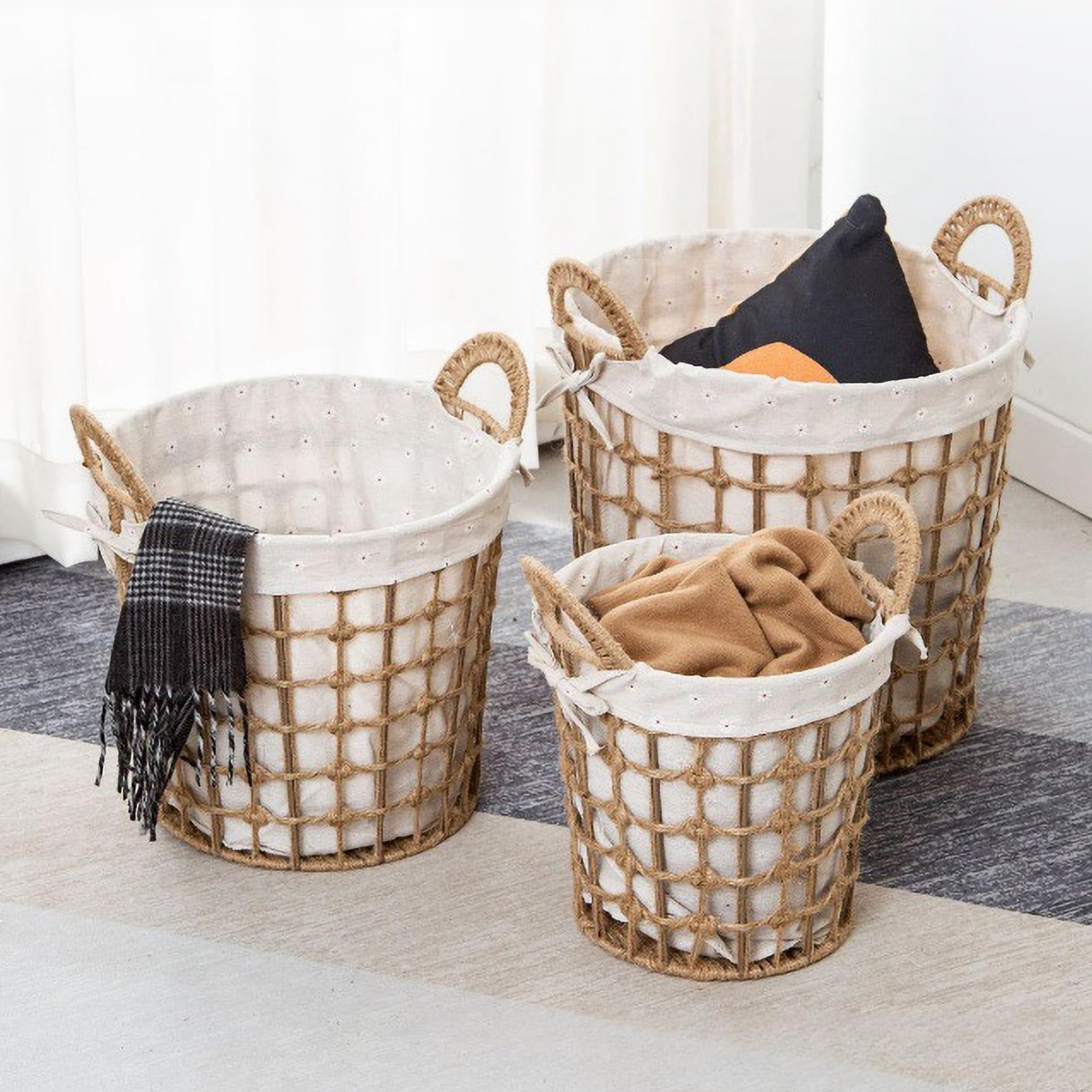 GIB Set of 3 Round Woven Wicker Storage Baskets with Handles & Liners, Natural Jute Decorative Laundry Hampers Baskets Storage Organizer for Blankets, Toys, Bathroom, Living Room, Closet & Shelves