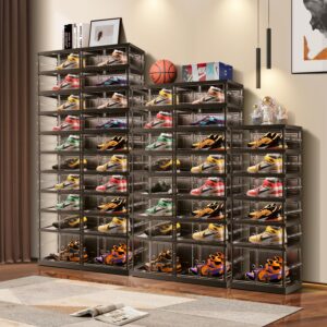 EHAMILY 6 Tiers 6-12 Pairs Foldable Shoe Boxes Large Plastic Shoe Storage Rack Collapsible Shoe Organizer for Closet Clear Stackable Shoes Shelf Storage Cabinet with Doors Quick Assembly Black