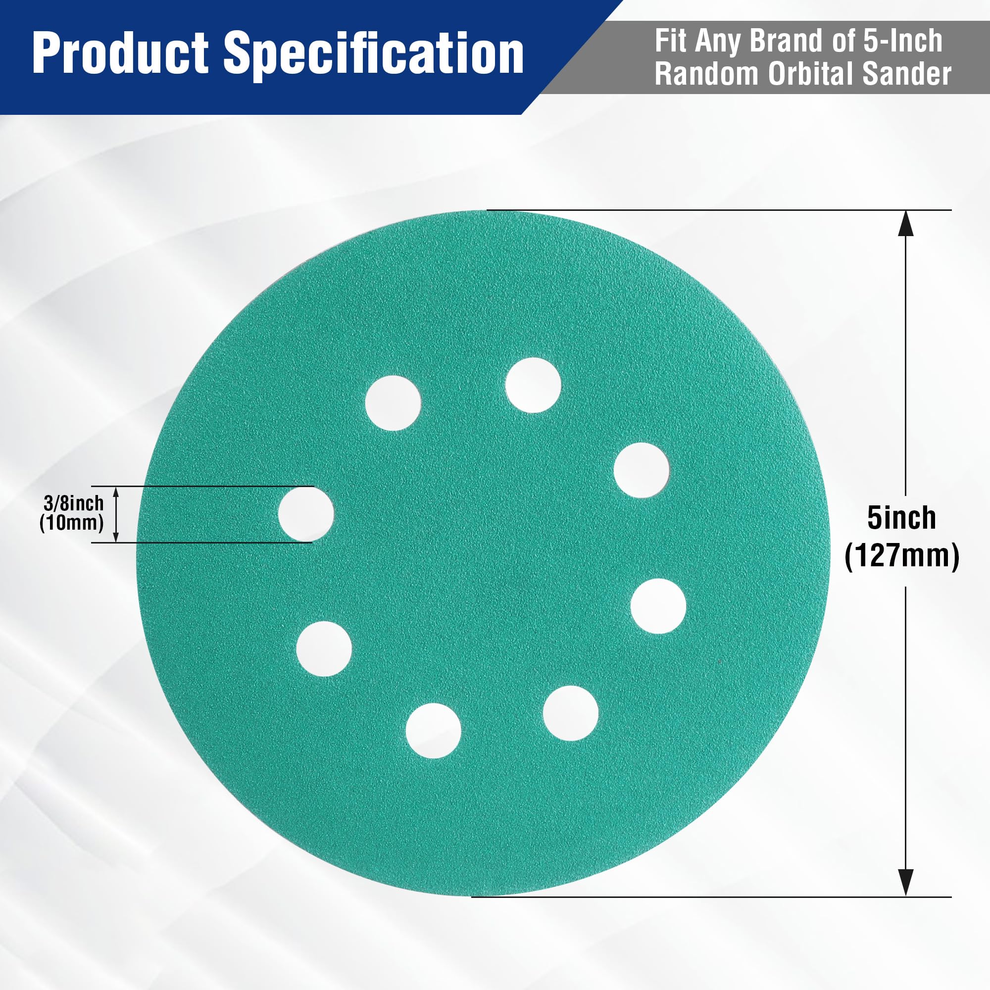 WORKPRO 150-piece Premium Sanding Discs Set, 5" 8-Hole Polyester Film Hook and Loop Sandpaper, 10 Grades Include 60, 80, 100, 120, 150,180, 240, 320, 400, 600 Grits for Random Orbital Sander, Green