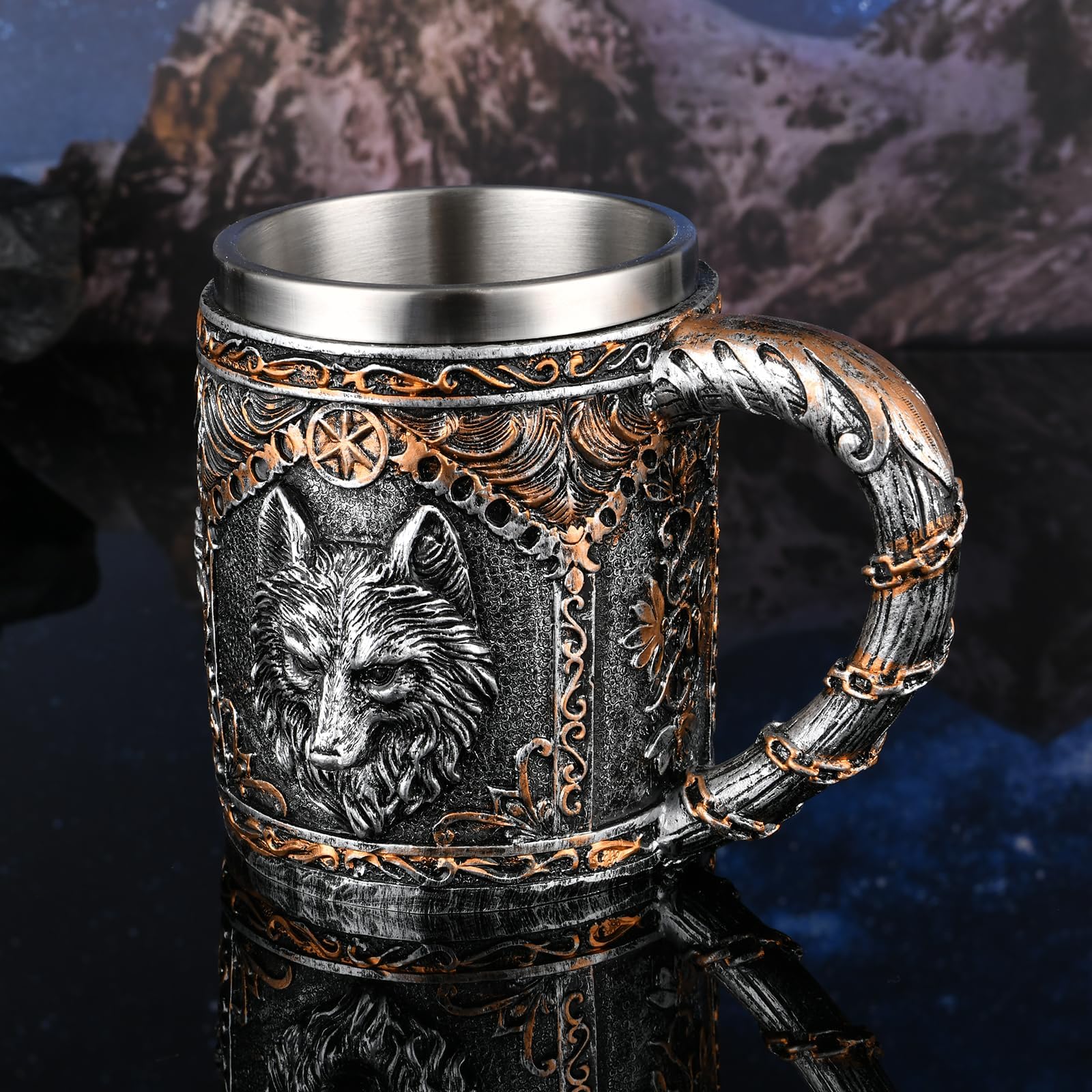 Nordic Viking Rune Mug - Beer Tankard Cup for Men - Stainless Steel Wooden Viking Coffee Cool Mug - Viking Gift and Norse Decor - Medieval Design - Ideal Beer Stein