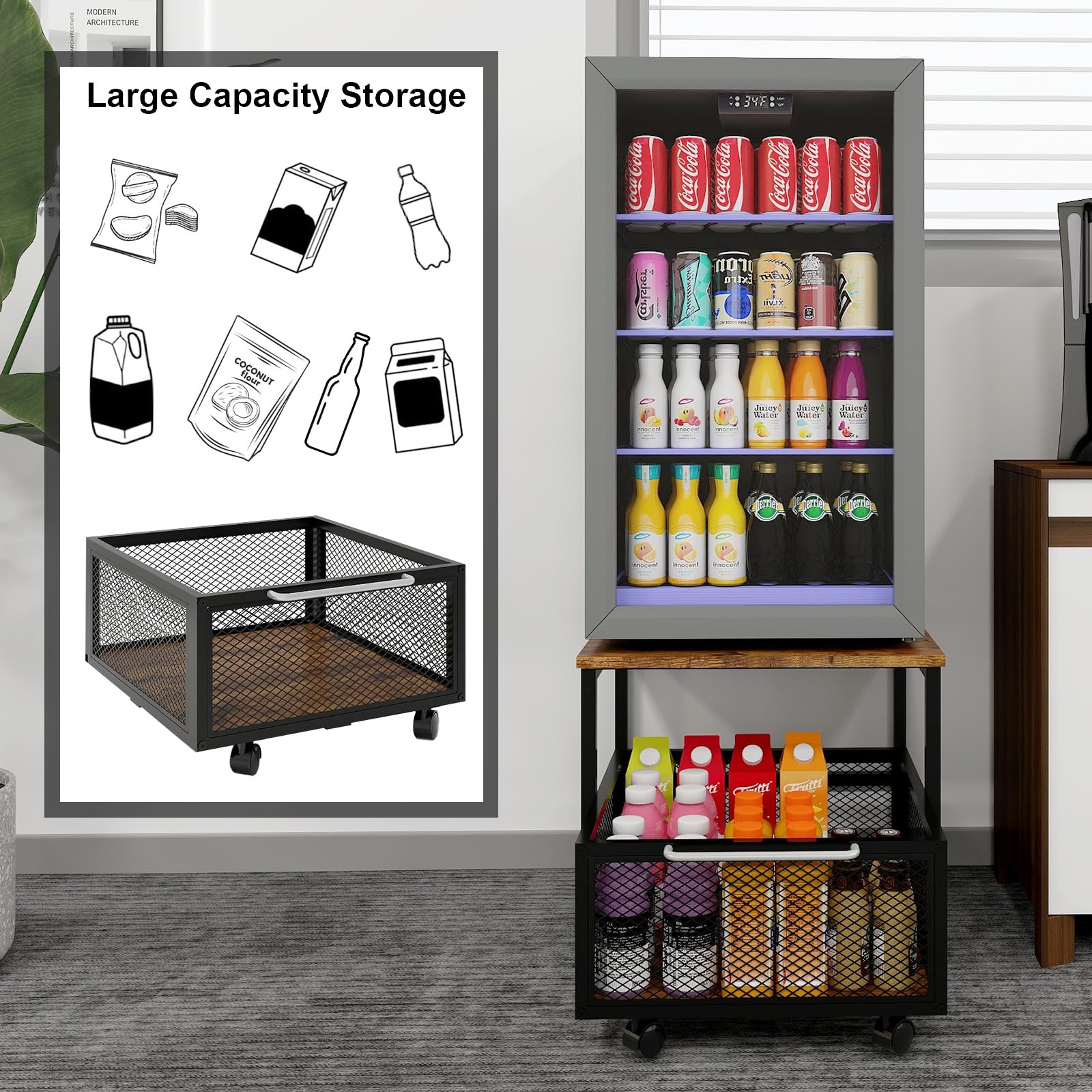 PUNCIA 19.7x19.7in Fridge Stand with Storage Mobile Beverage Refrigerator Stand for Coffee Bar Dorm Fridge Cart for Compact Refrigerator Mini Fridge Organizer with Drawer Basket for Home Office