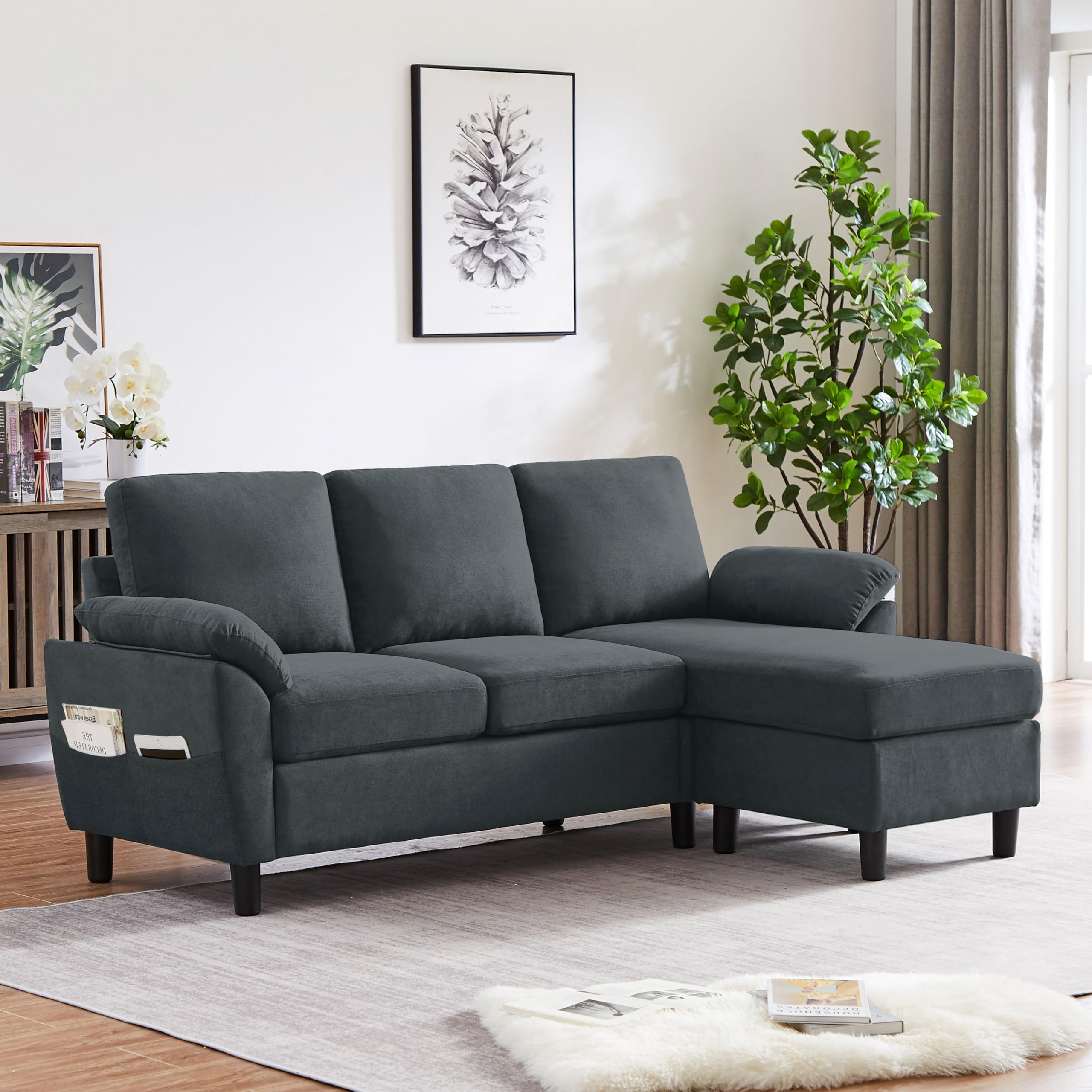 Tornama 79" Convertible Sectional Sofa, Small L Shaped 3 Seat Couch with Reversible Chaise, Modern Linen Fabric Sofa Couches for Living Room, Apartment and Small Space, Dark Grey