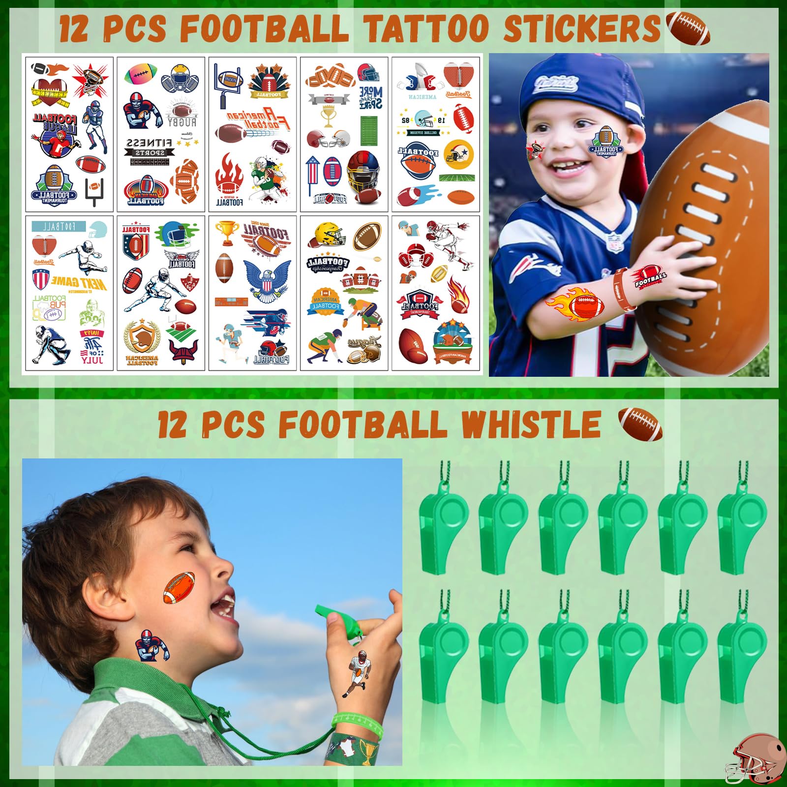 134 Pcs Football Party Favors Set 12 Silicone Bracelet 12 Whistles 12 Keychains 12 Slap Bracelet 12 Tattoo Stickers 12 Plastic Straws 12 Gift Bags 50 Football Stickers for Football Party Supplies