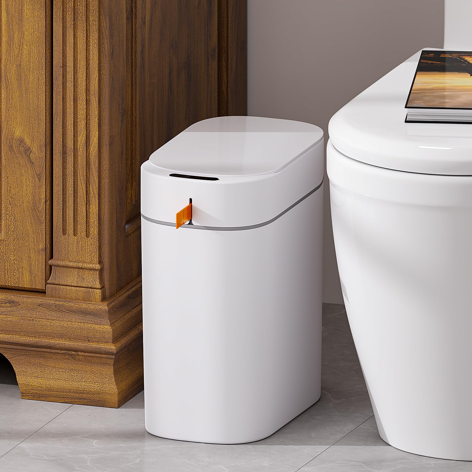 MOPALL Rechargeable Bathroom Trash Can,Motion Sensor Trash Can Automatic Touchless,White 3.5 Gallon Smart Garbage Can with Lid,Auto-Adsorption Slim Small Waste Basket for Bedroom,Bathroom,Kitchen