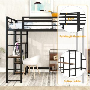 Bellemave Full Size Loft Bed with Desk,Metal Loft Bed with Storage Shelves,Heavy Duty Metal Loft Bed for Kids Teens Adults,Black