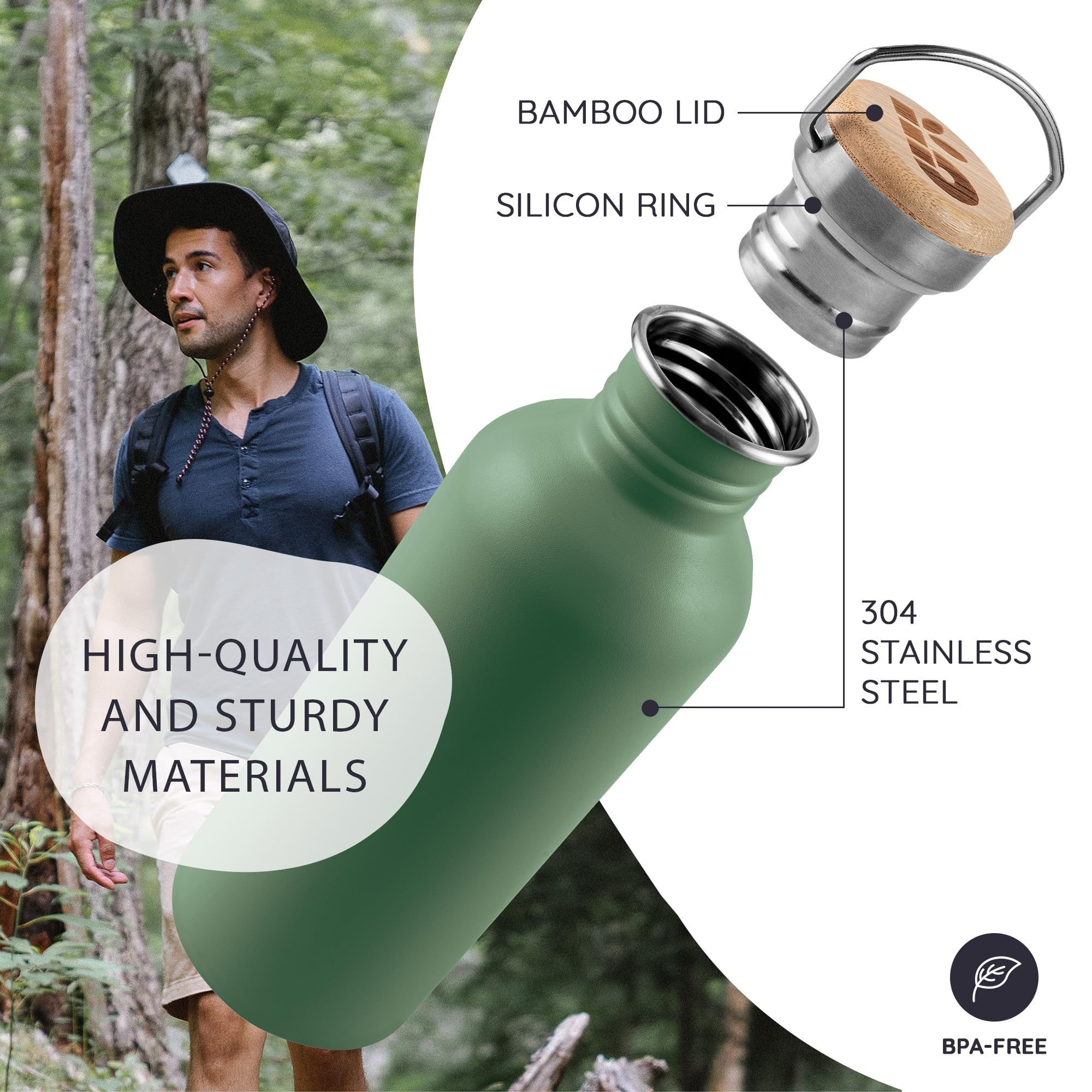 Bambaw Travel Water Bottle 32oz, Green Water Bottle No Straw, Non-insulated Single Wall Stainless Water Bottle, Hiking Water Bottle, 1 Liter Water Bottle with Handle – Sage Green