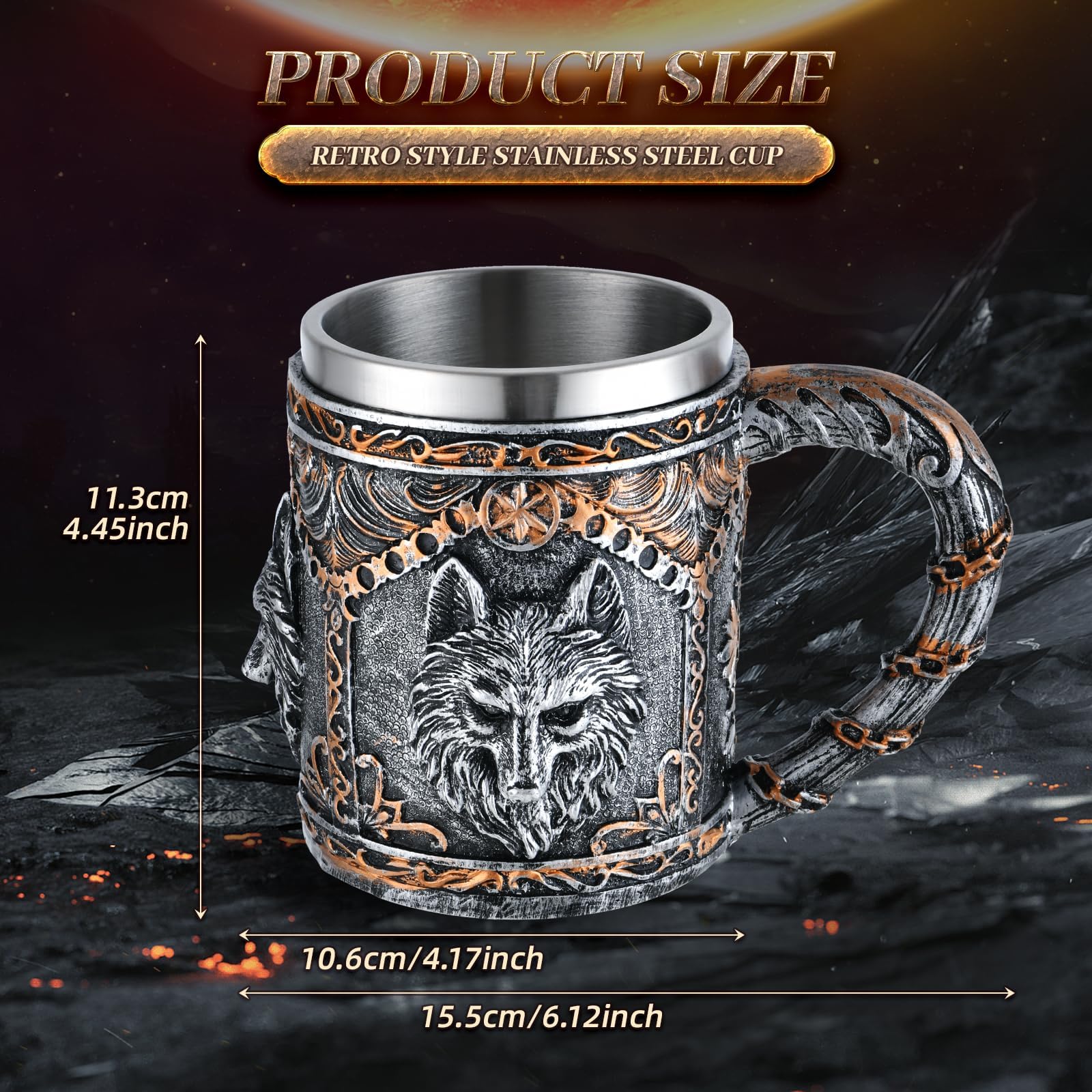 Nordic Viking Rune Mug - Beer Tankard Cup for Men - Stainless Steel Wooden Viking Coffee Cool Mug - Viking Gift and Norse Decor - Medieval Design - Ideal Beer Stein