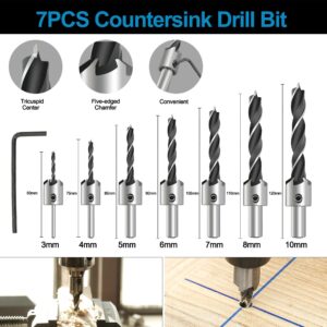 GMTOOLS 28Pcs Woodworking Chamfer Drilling Tools-Countersink Bit, Step Drill Bit Set, Wood Plug Cutter Drill Bit Set (2 Styles), 5-Flute Countersink Drill Bit, Positioning Punch and 1pc Hex Wrench