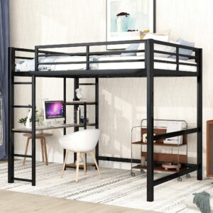 Bellemave Full Size Loft Bed with Desk,Metal Loft Bed with Storage Shelves,Heavy Duty Metal Loft Bed for Kids Teens Adults,Black