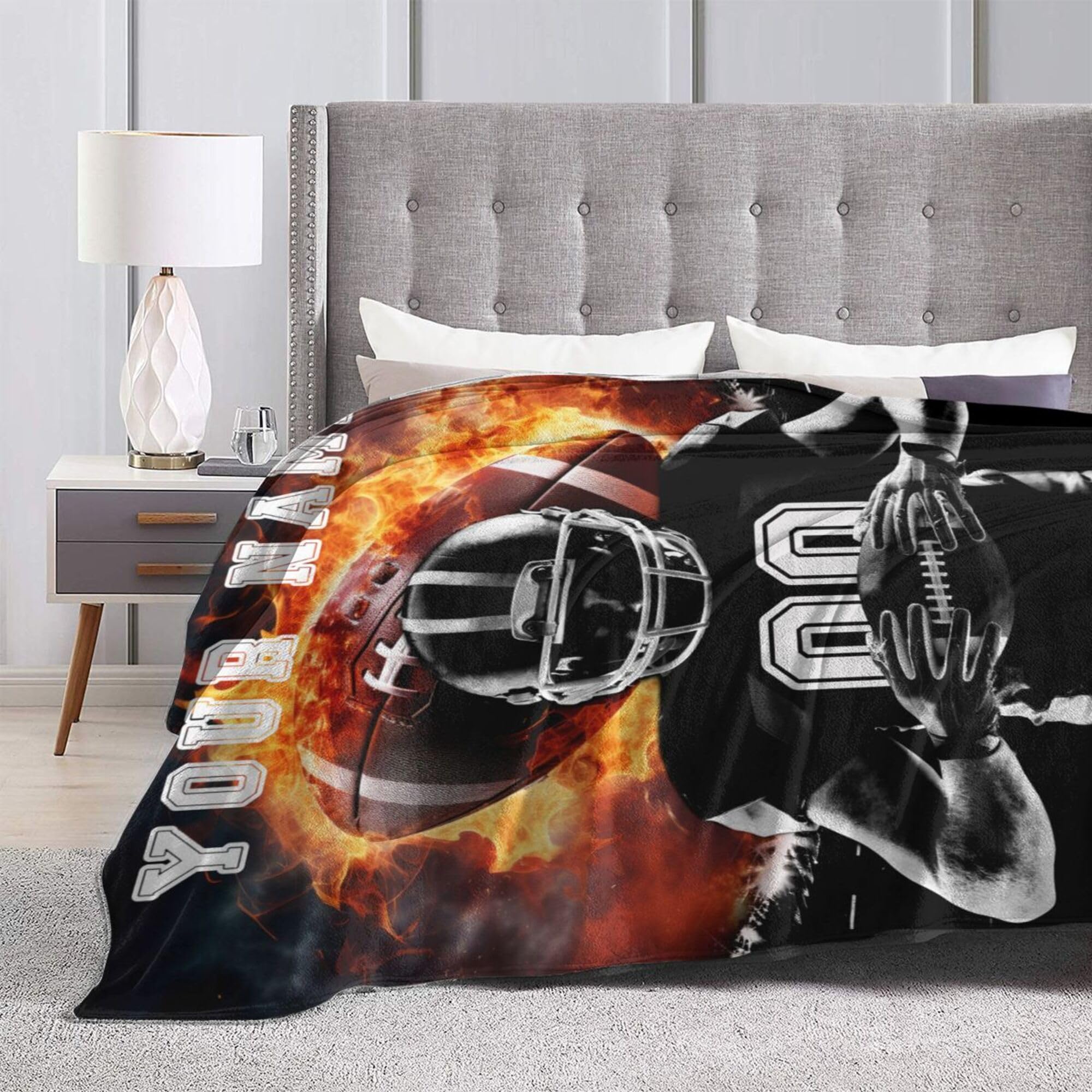 Homieblanket Custom Football Blanket with Name No. for Boys Girls, Personalized Cool Football Themed Design Printed Throw Blankets for Kids Lap, Chair Sofa, Giftable Blanket, 40"x 50"