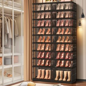 CIMLORD 9-Tier Foldable Shoe Rack for Closet Entryway 18-36Pairs,Stackable Clear Shoe Storage Boxes Organizer with Door Plastic Shoe Cabinet Bins with Lids Shoes Shelf Easy Assembly Large Black