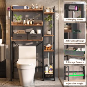 Over The Toilet Storage with 2 Drawers - 7 Tier Bathroom Organizer with Adjustable Shelf, Freestanding Space Saver Storage Rack Above Toilet Stand with 4 Hooks for, Restroom, Laundry, Rustic Brown