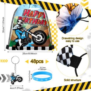 Talltalk 48 Pcs Dirt Bike Party Favors for Boy Motocross Birthday Decorations 16 Motorcycle Party Drawstring Bag Racing Candy Goodie Snacks Gift Bag 16 Wristband 16 Keychain for Baby Shower Birthday