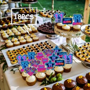 18pcs Blue Fluorescence Glitter Dessert Cupcake Topper Cheer to Let’s Glow Crazy Happy 11th Birthday Theme Decoration Supplies Anniversary Wedding Party Decor Supplies