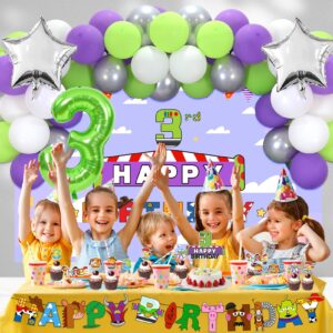 Crenics 3rd Birthday Decorations for Girls or Boys - 3rd Birthday Backdrop, Banner, Balloon Arch Kit, Number 3 Balloon with Cake Toppers for Toy Inspired Story Theme 3 Birthday Party Supplies