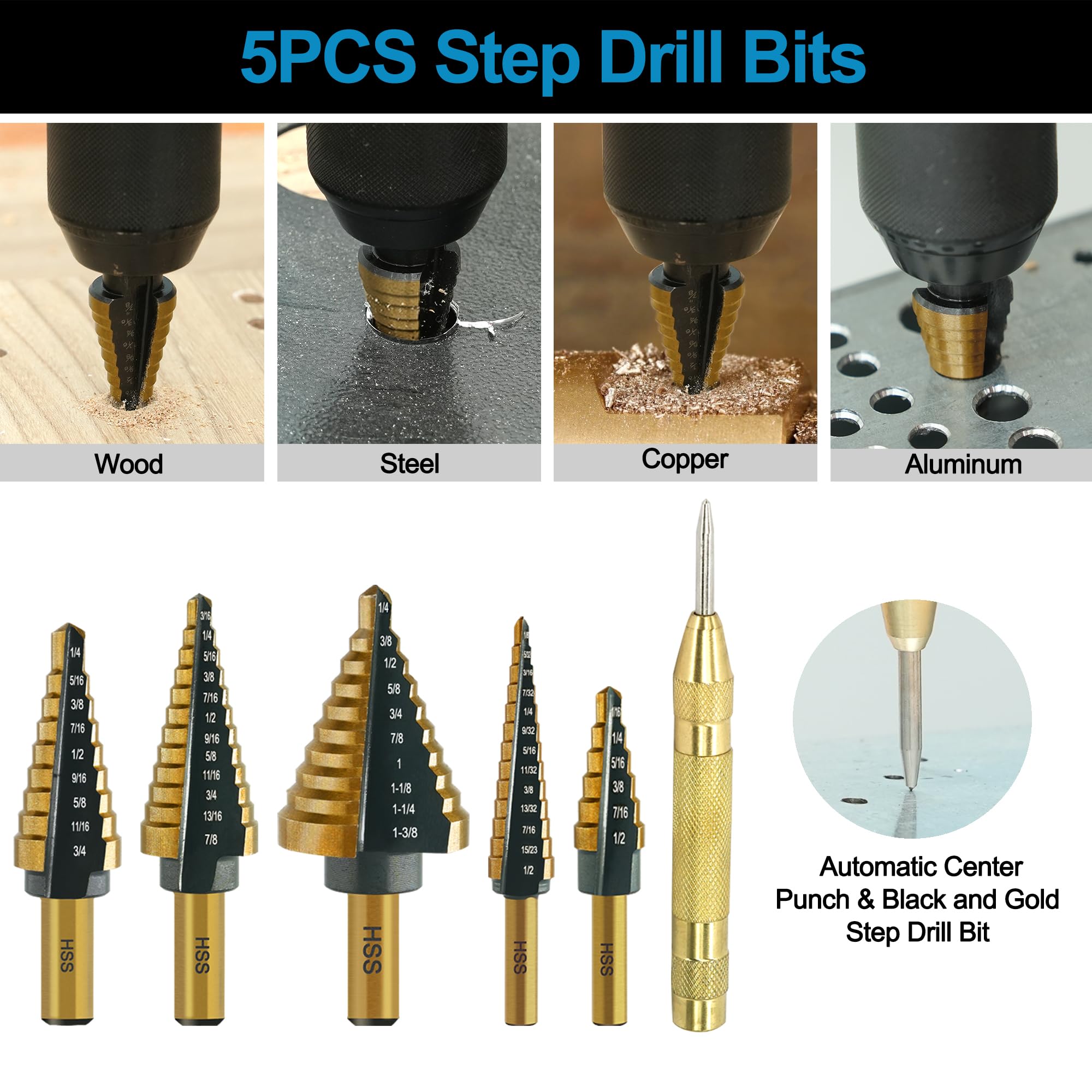 GMTOOLS 28Pcs Woodworking Chamfer Drilling Tools-Countersink Bit, Step Drill Bit Set, Wood Plug Cutter Drill Bit Set (2 Styles), 5-Flute Countersink Drill Bit, Positioning Punch and 1pc Hex Wrench