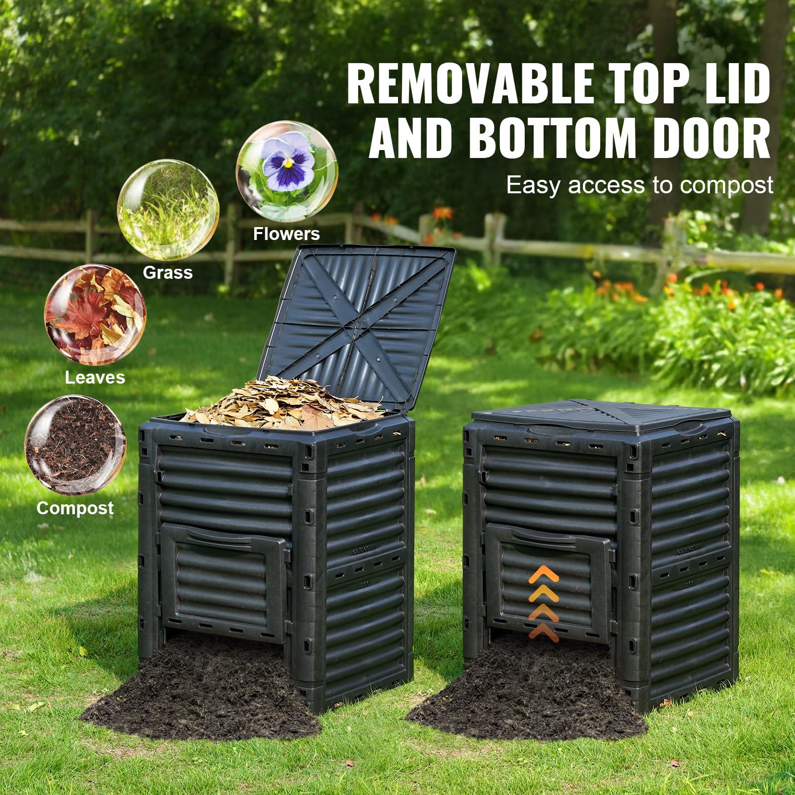 VEVOR Garden Compost Bin 80 Gallon, BPA Free Composter, Large Capacity Outdoor Composting Bin with Top Lid and Bottom Door, Easy Assembling, Lightweight, Fast Creation of Fertile Soil