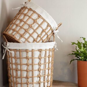 GIB Set of 3 Round Woven Wicker Storage Baskets with Handles & Liners, Natural Jute Decorative Laundry Hampers Baskets Storage Organizer for Blankets, Toys, Bathroom, Living Room, Closet & Shelves