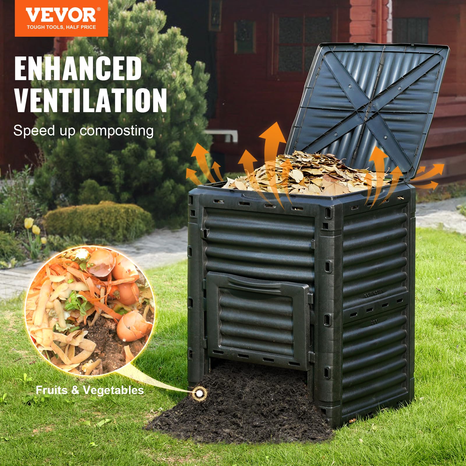 VEVOR Garden Compost Bin 80 Gallon, BPA Free Composter, Large Capacity Outdoor Composting Bin with Top Lid and Bottom Door, Easy Assembling, Lightweight, Fast Creation of Fertile Soil